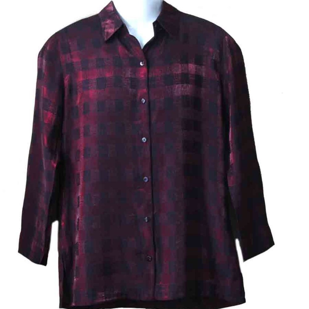 Chico's Design Slinky Metallic Top Shirt Blouse Red Black Check Women's Size 0